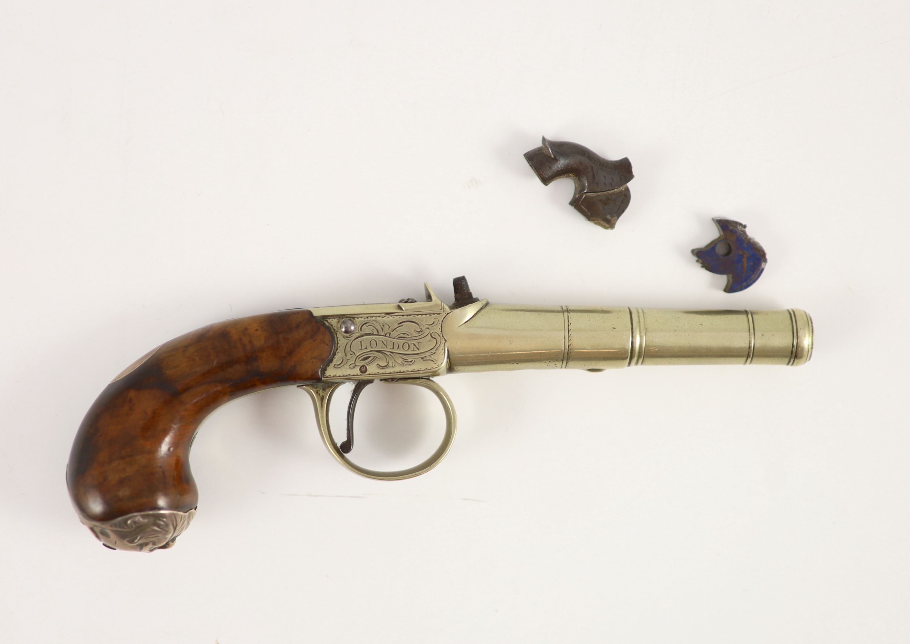 A pair of E.Bond of London boxlock pistols 18.5cm.